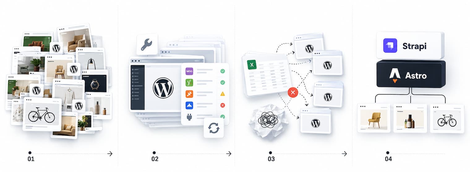 Four years in one row: a site per acquisition, a plugin zoo, spreadsheets in the middle, and one stack at the end.